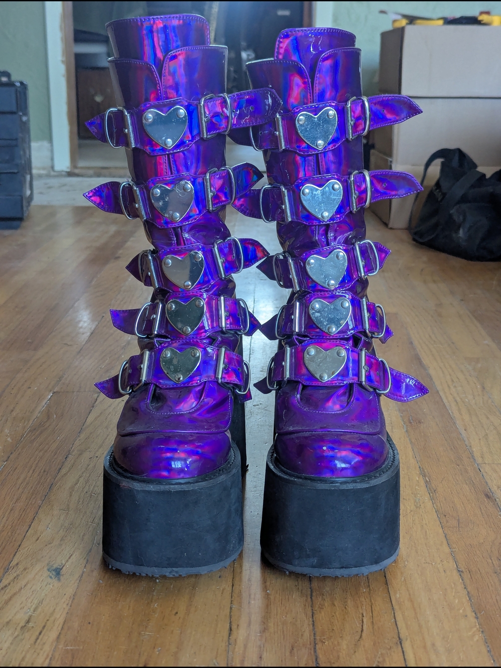 Demonia EXCLUSIVE Purple Holographic Heart Buckle Platform Boots